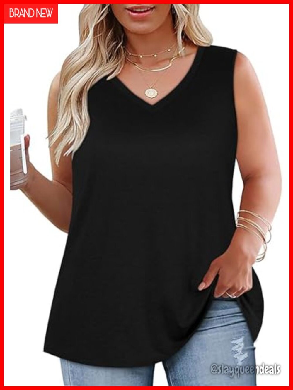 Plus Size V Neck Sleeveless Tank Top Loose Fit Summer Tee